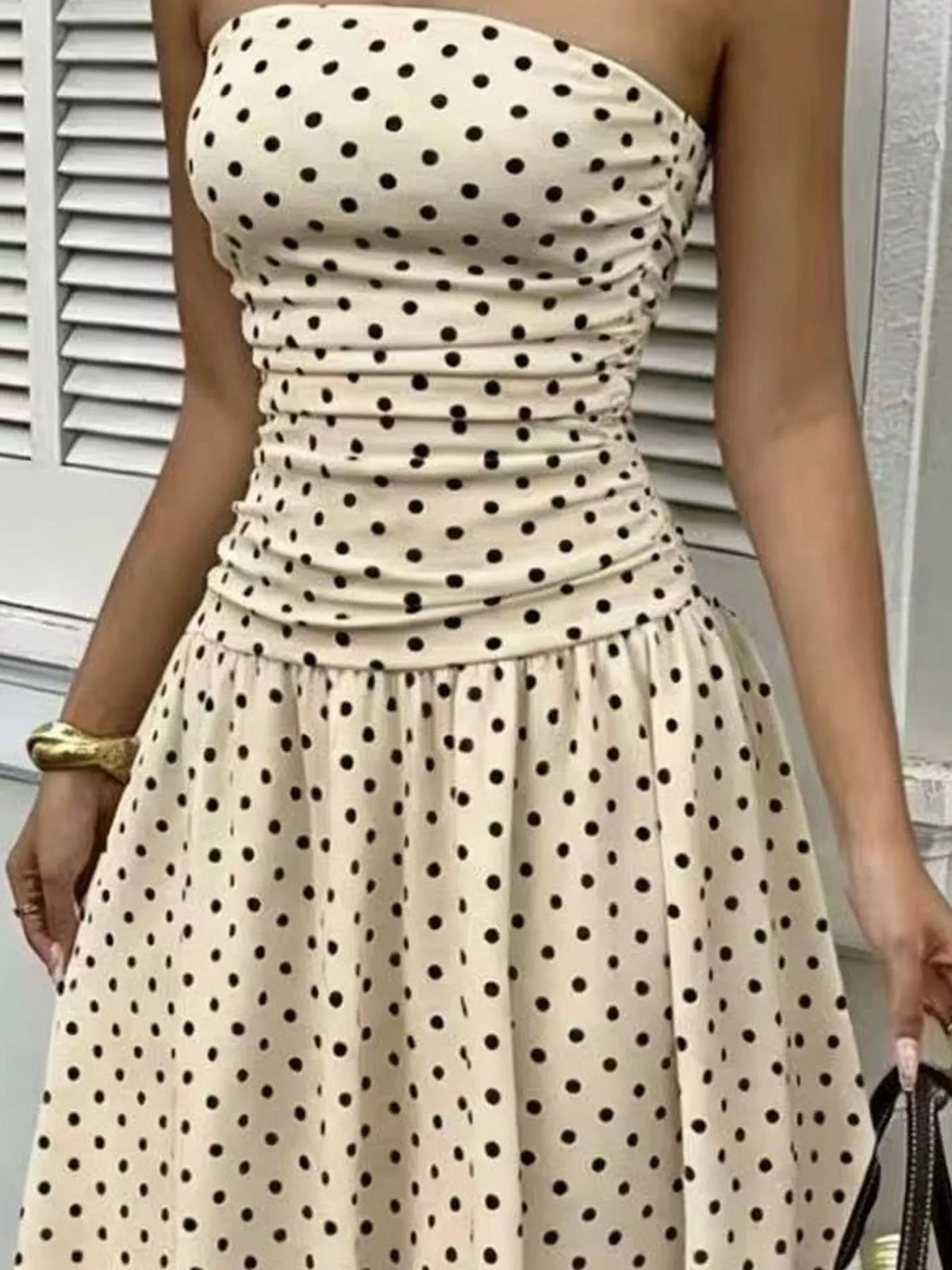 Strapless Polka Dot Ruched Maxi Dress