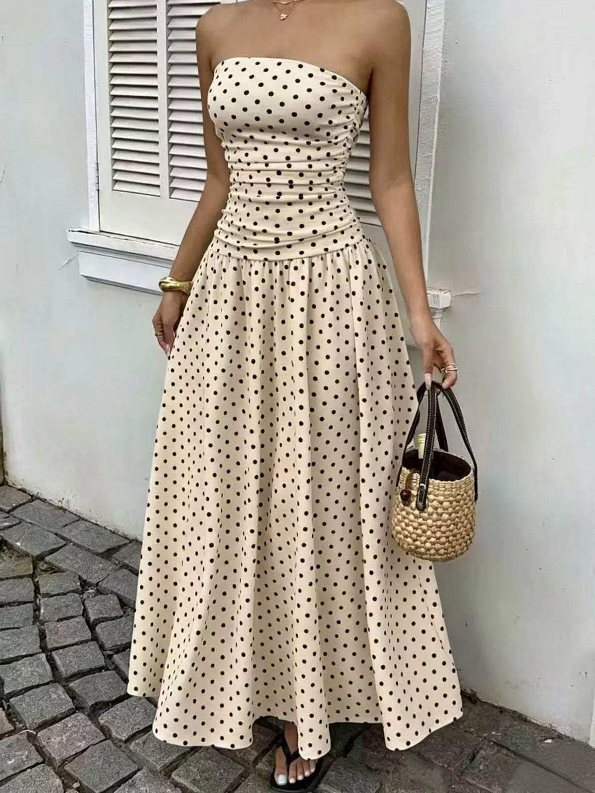 Strapless Polka Dot Ruched Maxi Dress