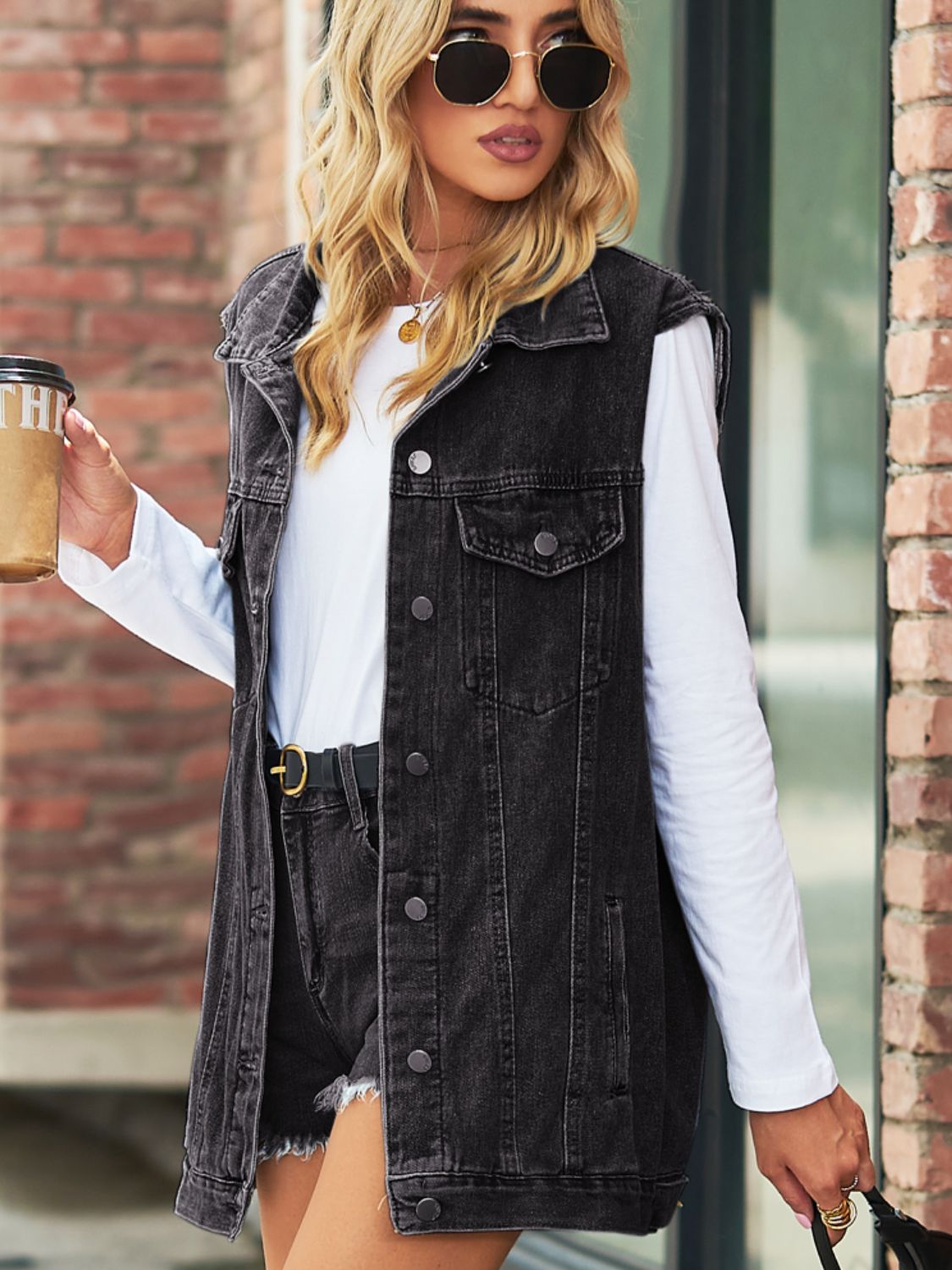 Sleeveless Collared Denim Top with Pockets by Moni Wear