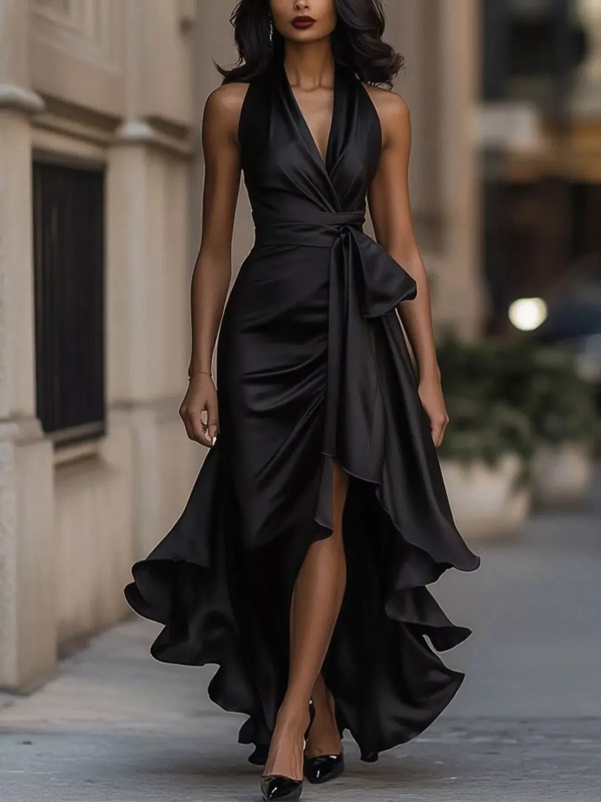 High-Low Ruffled Satin Maxi Dress