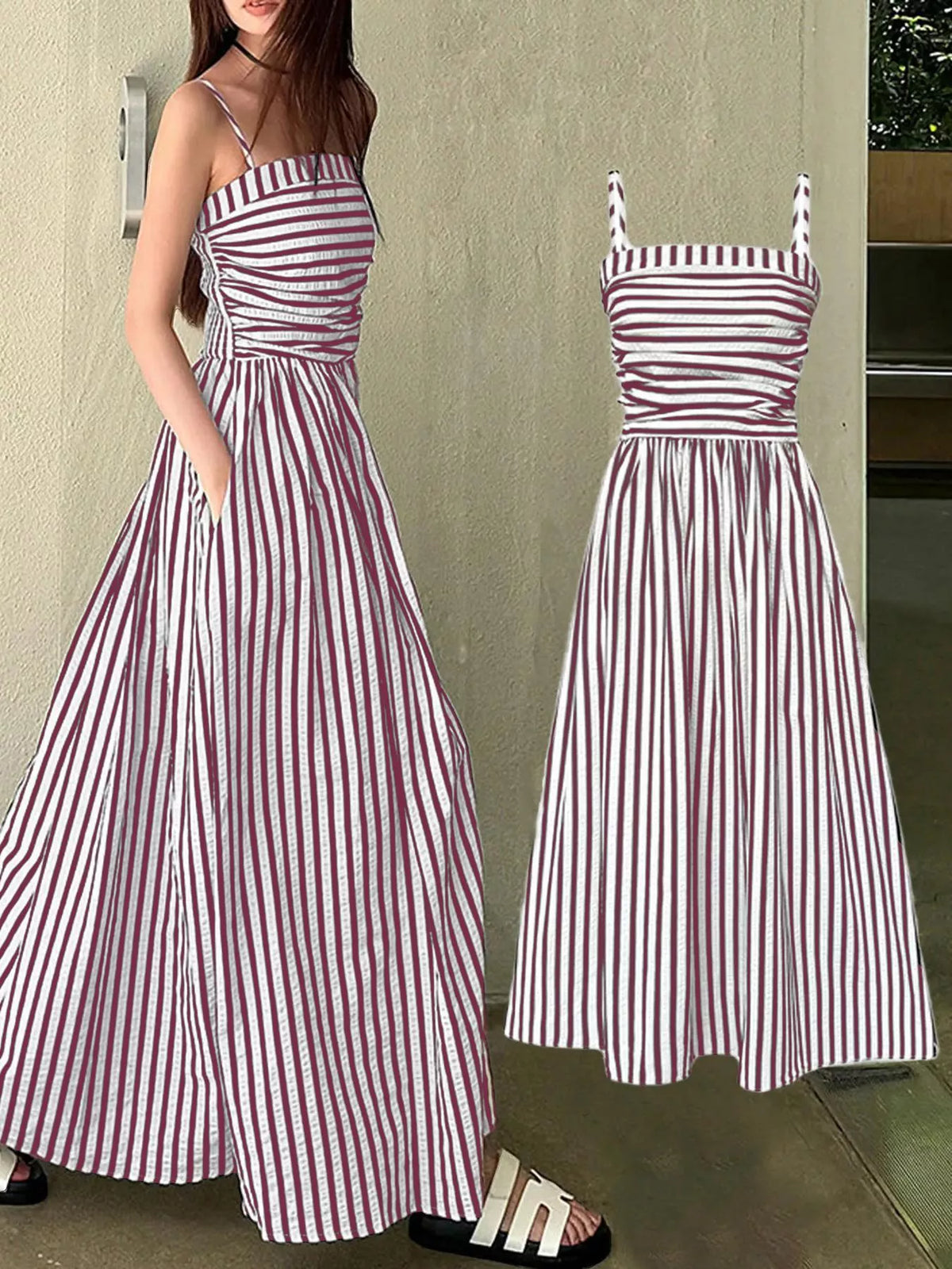 Striped Sleeveless Maxi Dress with Pockets