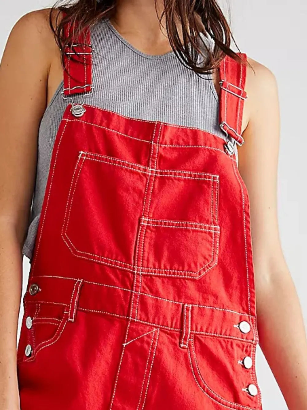 Wide Strap Square Neck Denim Overalls in Scarlet by Dreamy Drapes