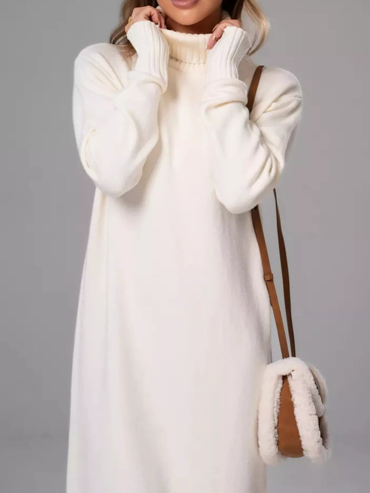 Relaxed Fit Turtleneck Ribbed Knit Sweater Dress