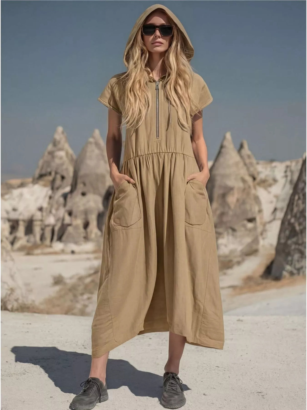 Hooded Midi Dress with Pockets