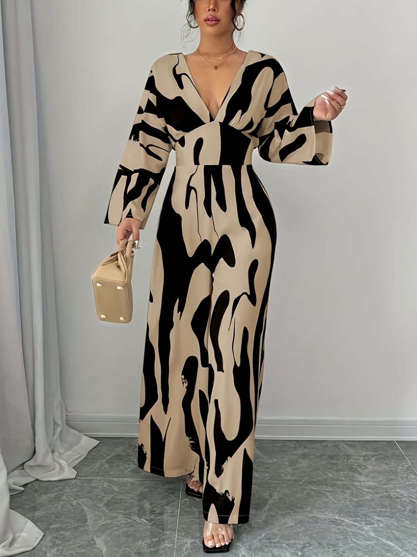 Abstract Print Belted Jumpsuit in Khaki