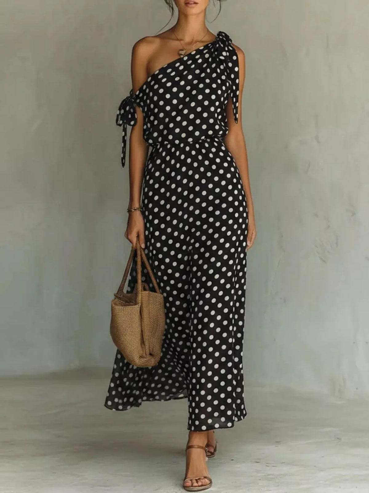 Polka Dot One-Shoulder Maxi Dress with Tie Detail