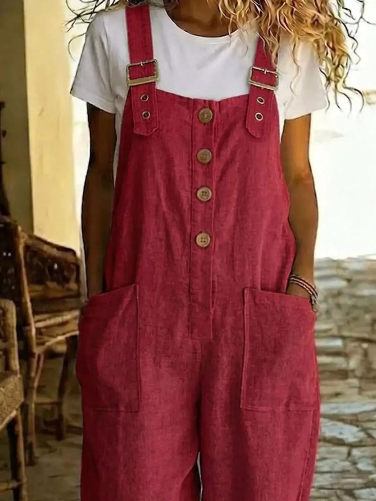 Button Front Wide Leg Overalls
