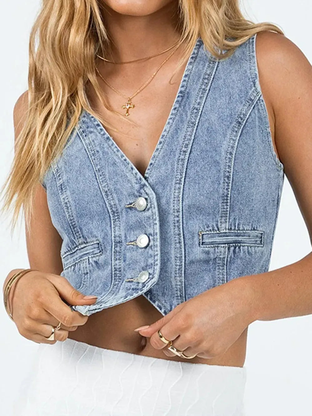 Sleeveless Denim Top in Light Blue