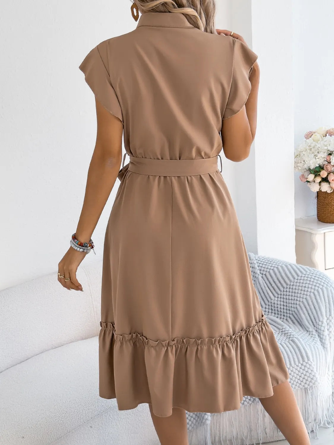 Tie-Waist Ruffled Cap Sleeve Dress