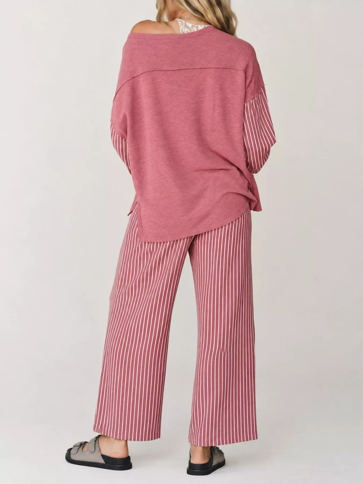 Striped Boat-Neck Top and Wide-Leg Pants Set