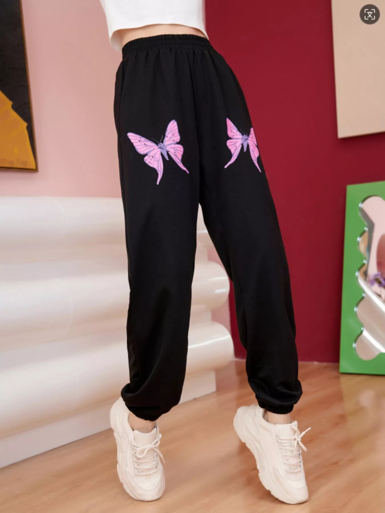 Butterfly Print Casual Sweatpants in Black