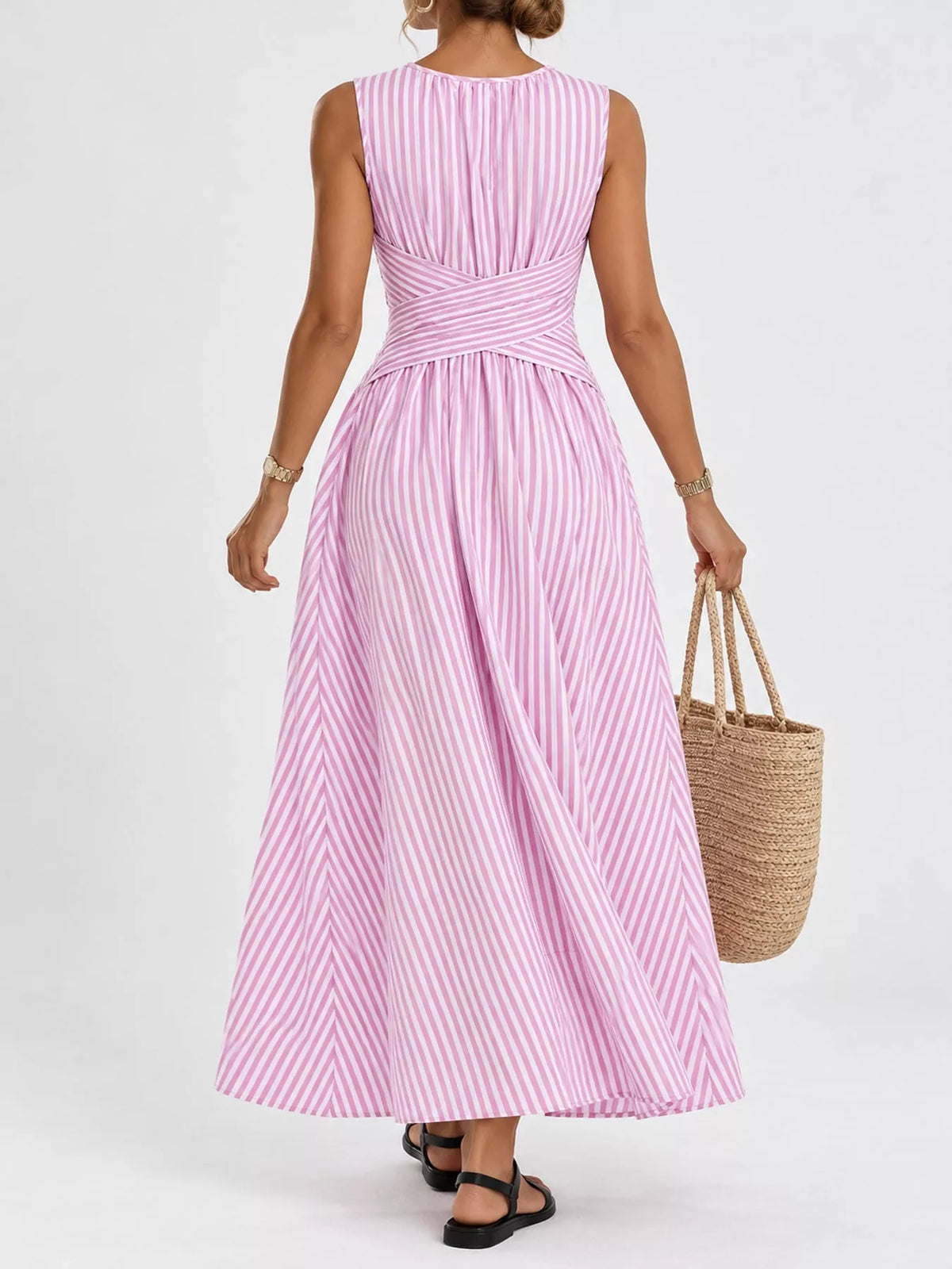 Sleeveless Striped Maxi Dress with Criss-Cross Waist