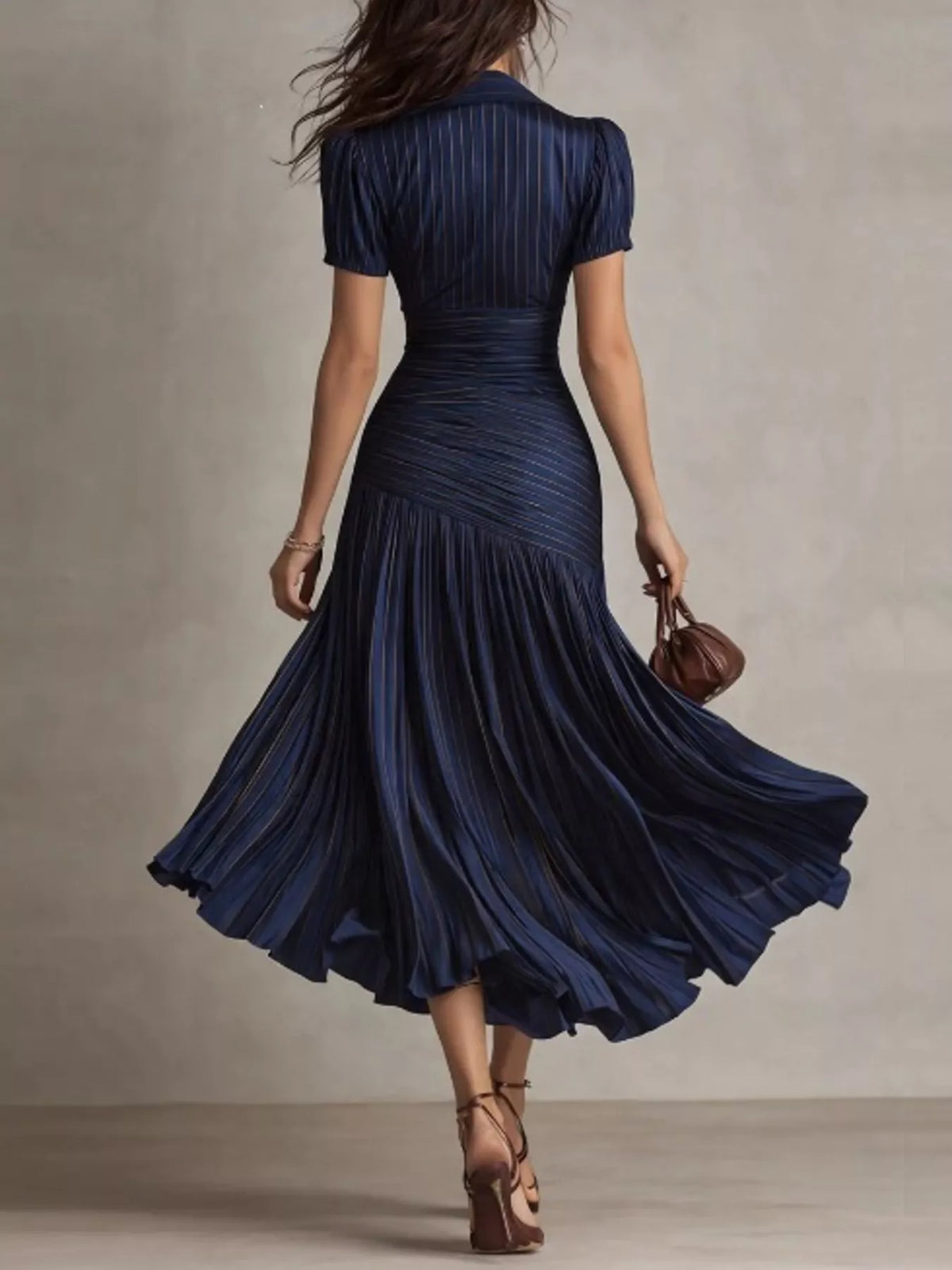 Pleated Striped Short Sleeve Midi Dress in Dark Blue