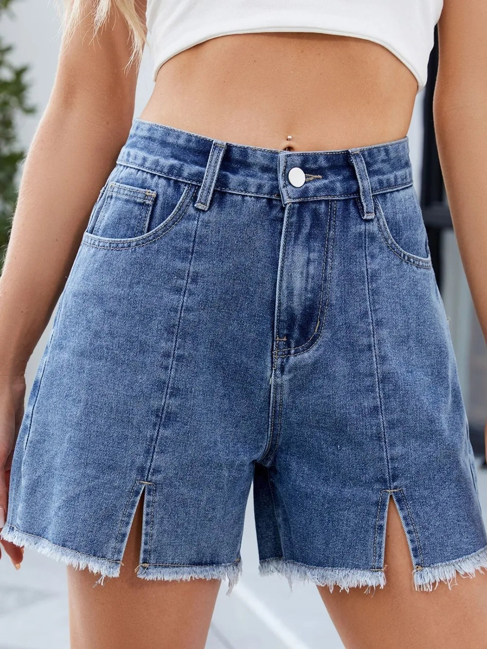 Raw Hem Slit Denim Shorts by Moni Wear