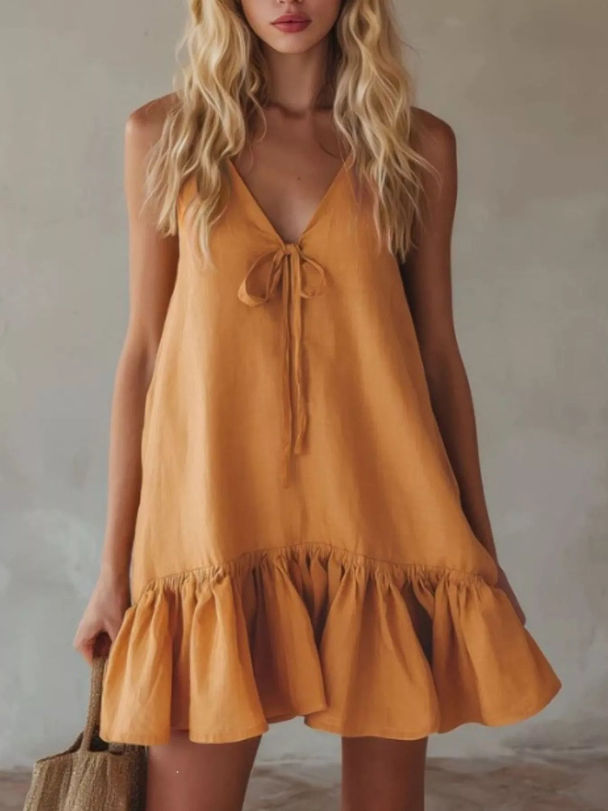 Tie-Front Ruffle Hem Mini Dress in Turmeric