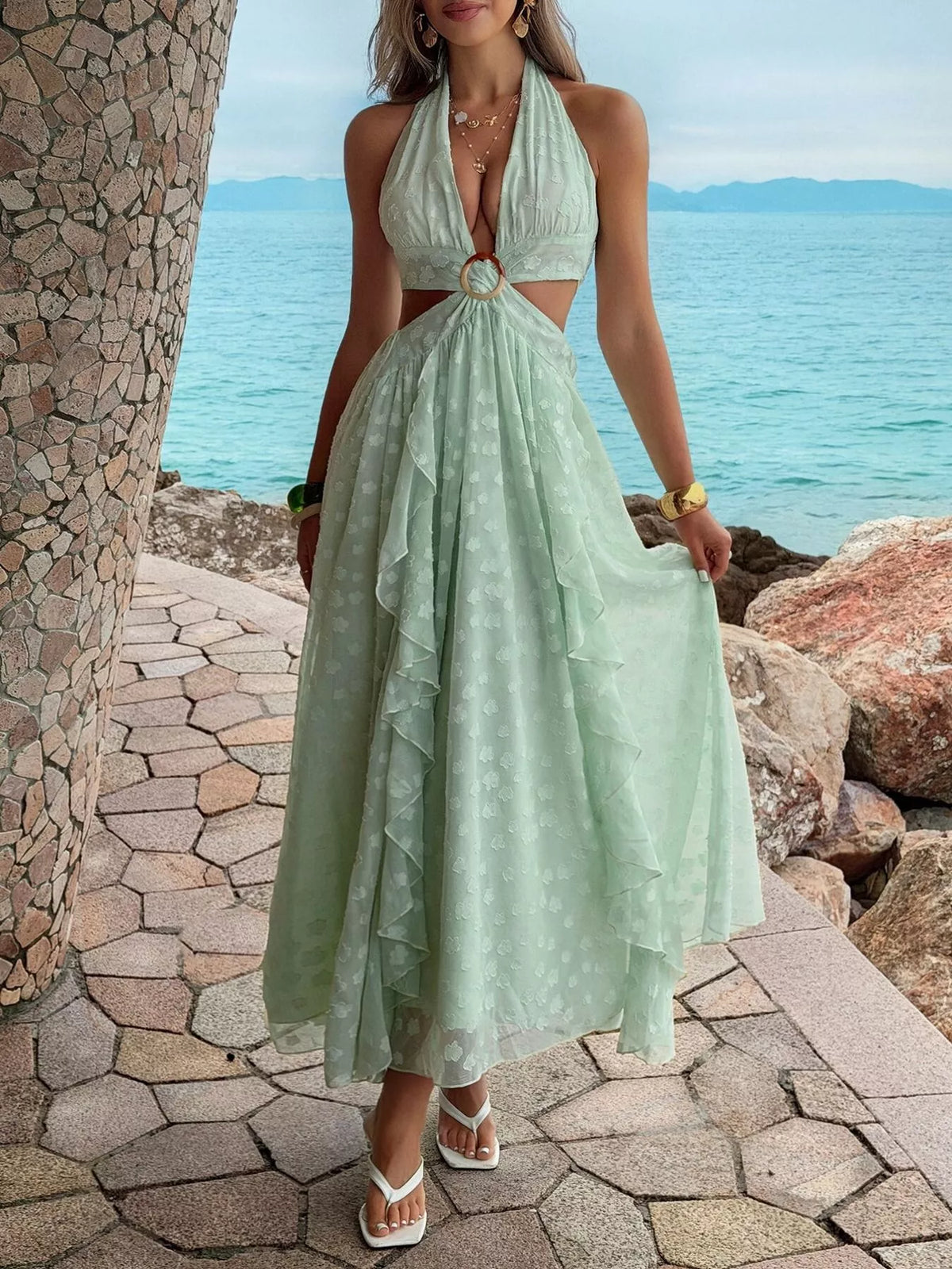 Ruffled Halter Neck Maxi Dress in Green