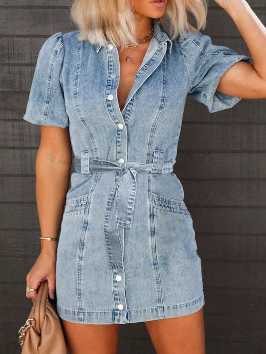 Medium Denim Puff Sleeve Mini Dress