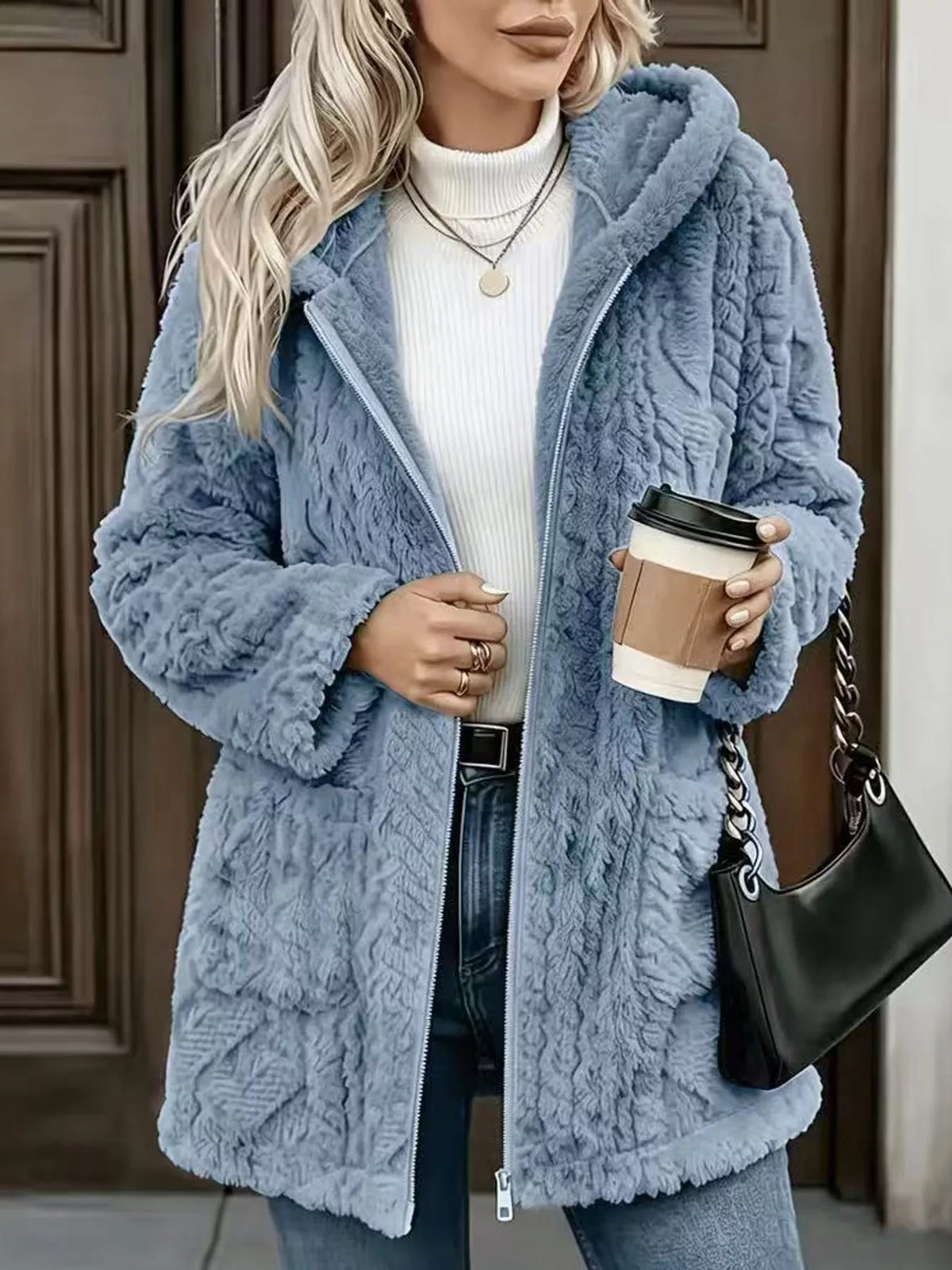 Faux Fur Hooded Zip-Up Jacket in Ocean Blue