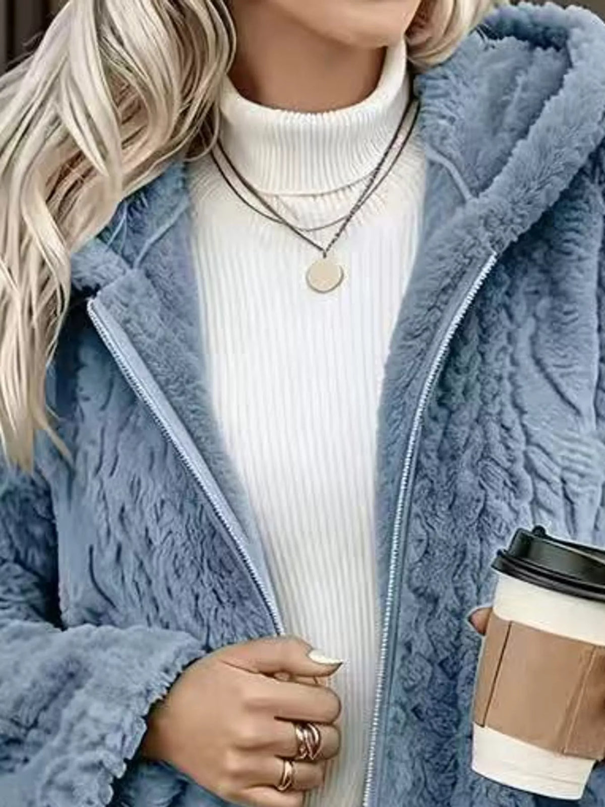 Faux Fur Hooded Zip-Up Jacket in Ocean Blue