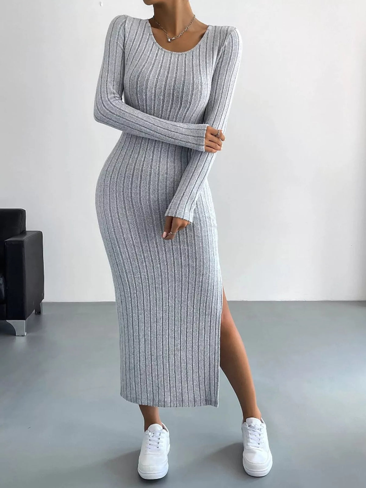 Side Slit Ribbed Knit Dress