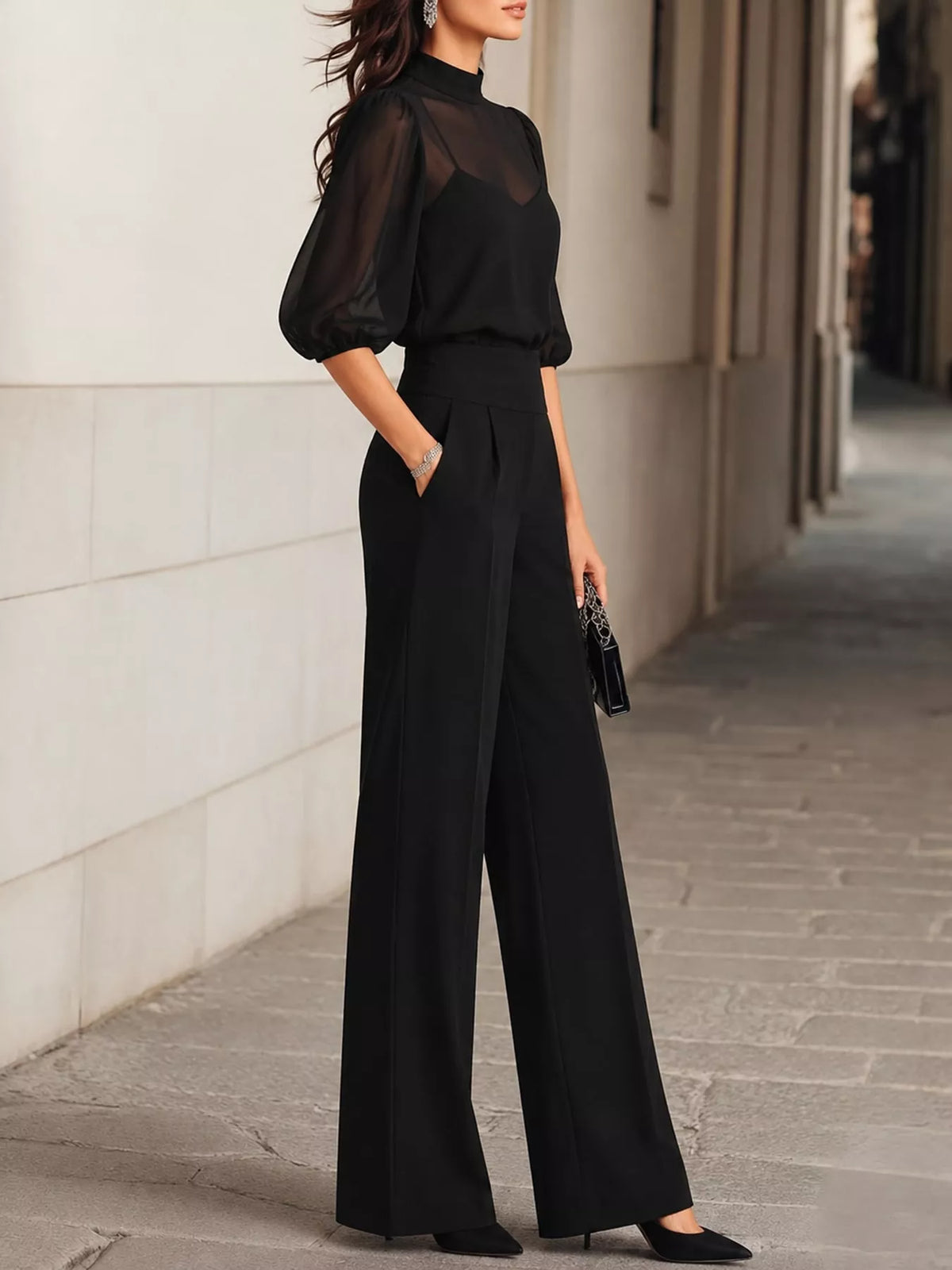Mock Neck Puff Sleeve Top and Wide Leg Pants Set