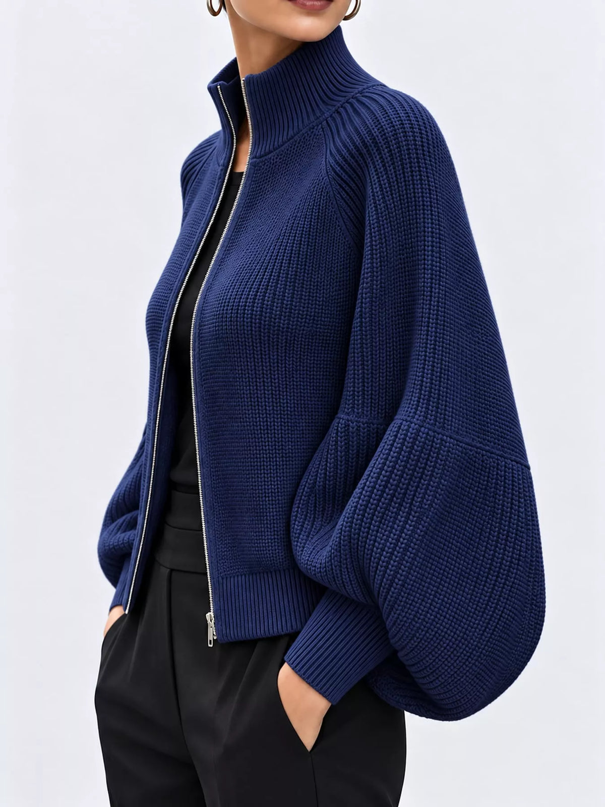 Ribbed Knit Zip-Up Cardigan with Lantern Sleeves
