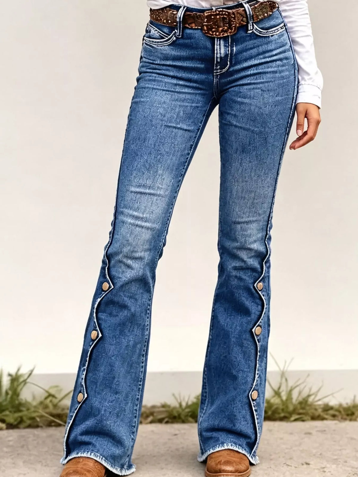 High-Waisted Button-Side Flare Jeans in Dark Blue