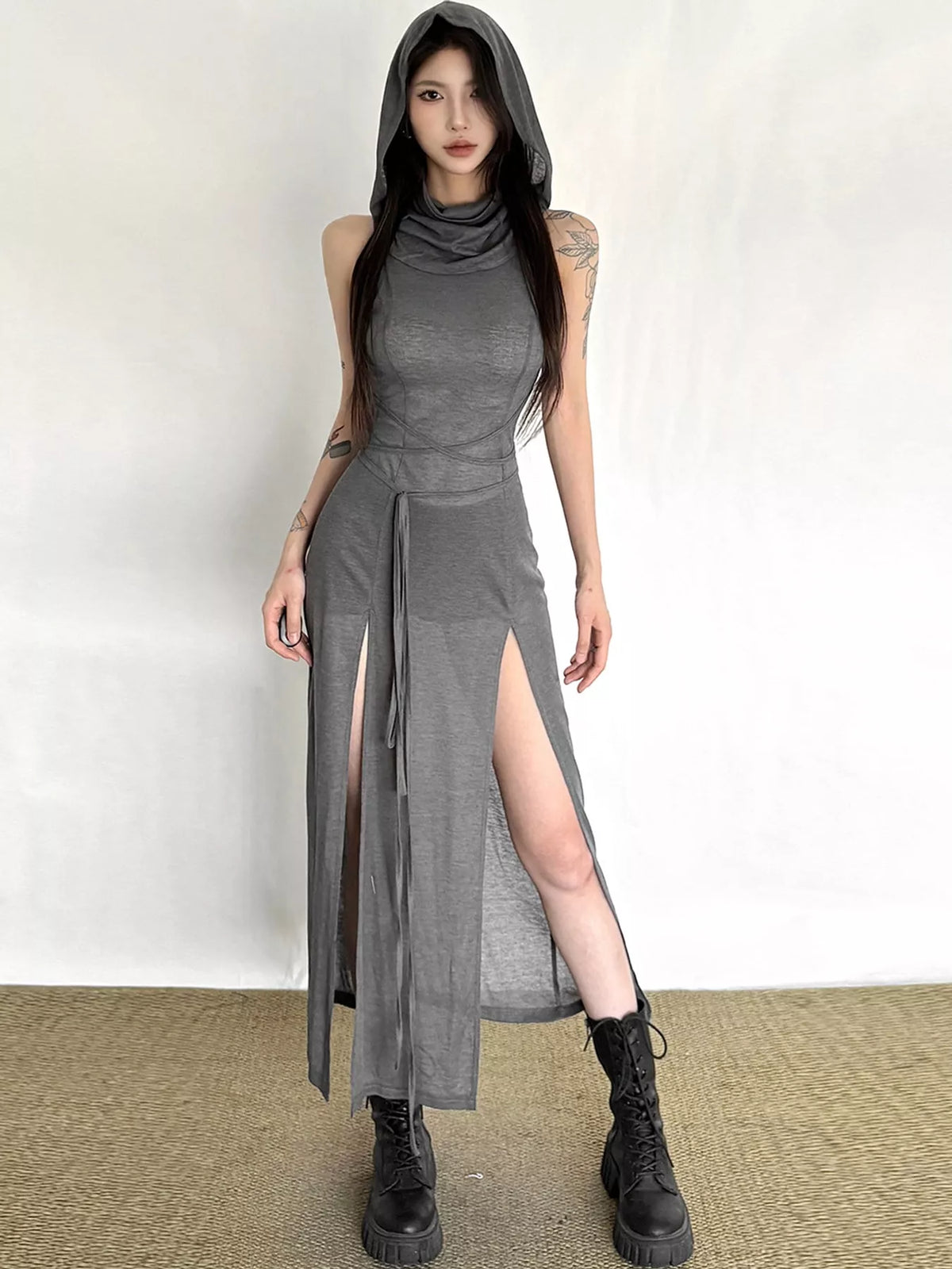 Sleeveless High-Slit Hooded Maxi Dress
