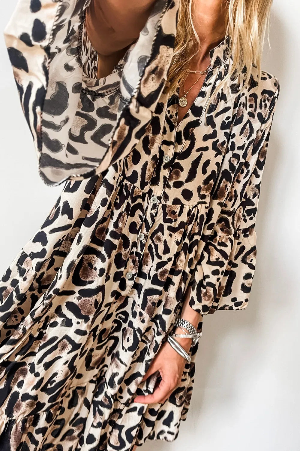 Leopard Print Buttoned Tiered Ruffle Dress