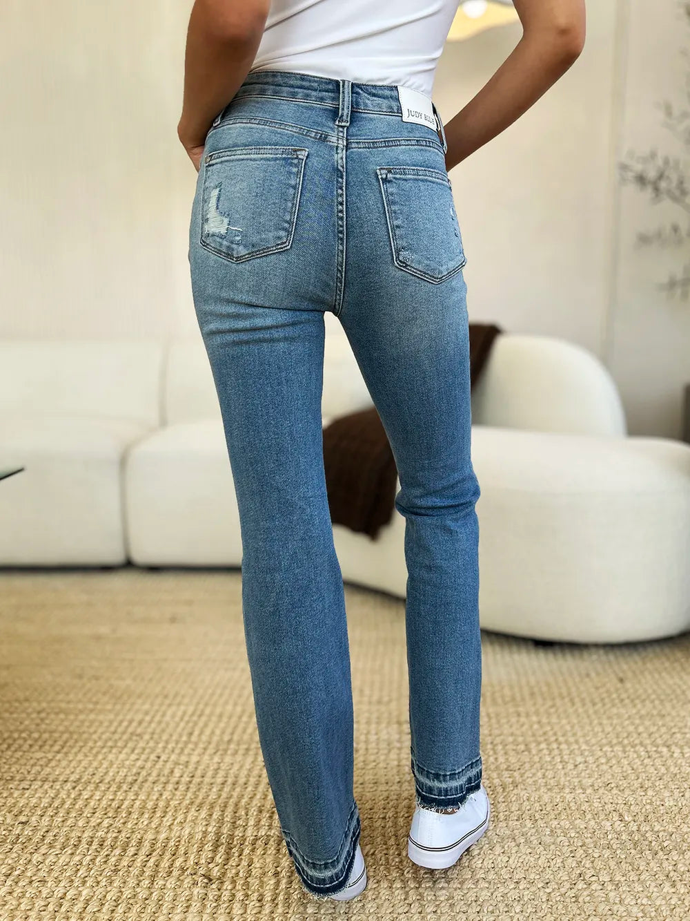 Judy Blue Mid Rise Destroyed Hem Jeans in Medium Wash