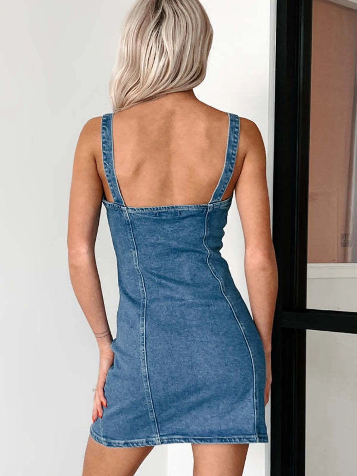 Button-Front Sweetheart Denim Mini Dress in Medium Wash