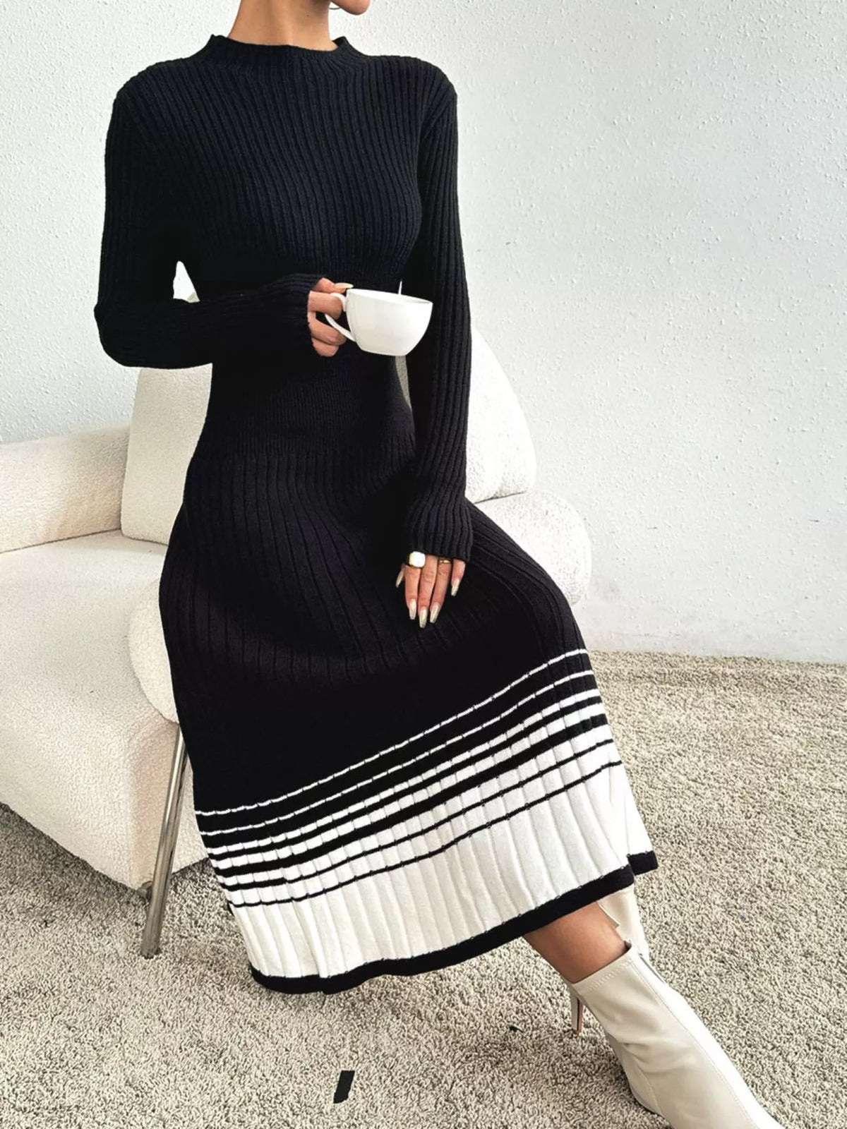 Ribbed Sweater Dress with Striped Hem in Black