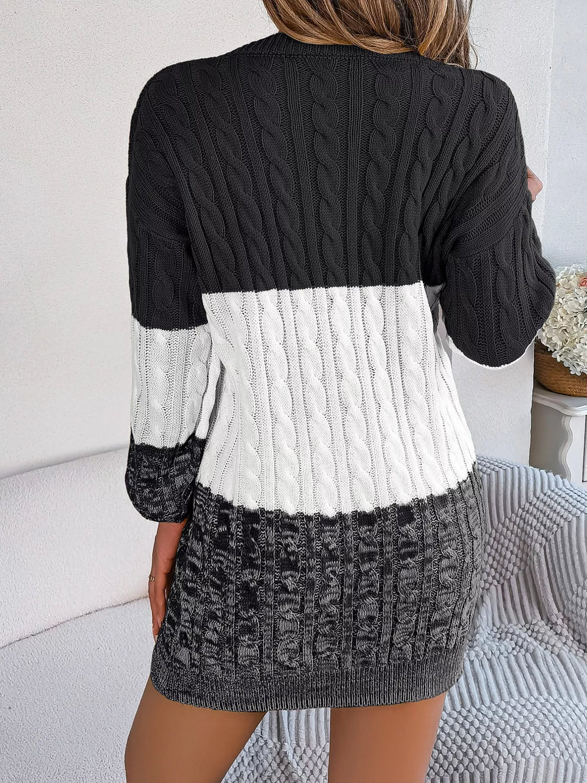 Color Block Cable Knit Sweater Dress