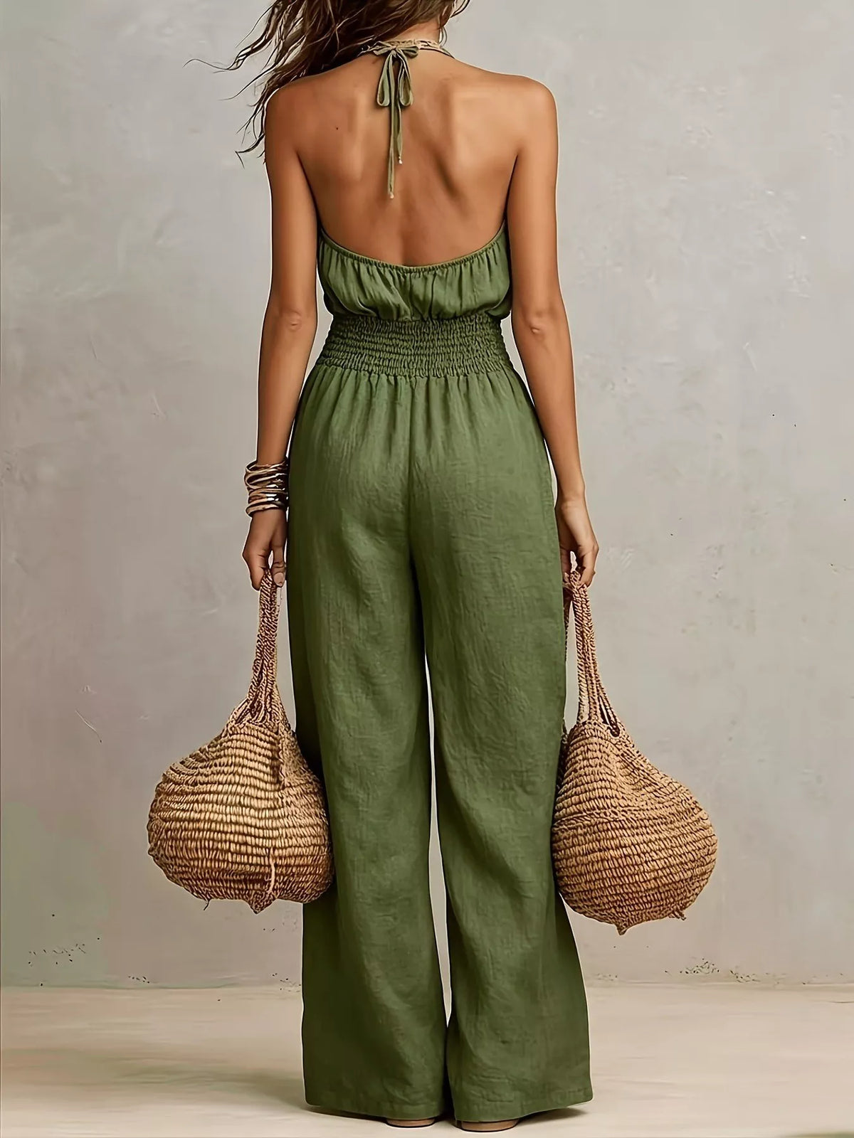 Smocked Halter Neck Wide-Leg Jumpsuit