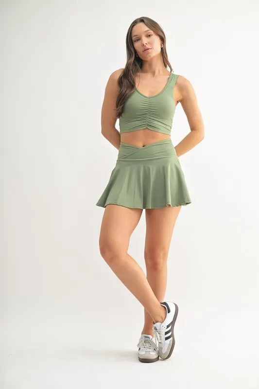 MONO B Ruched Front Active Tank in Moss Green