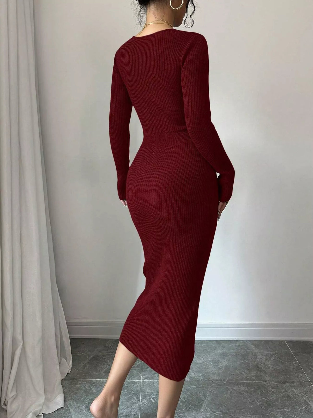Decorative Button Ribbed Knit Sweater Dress