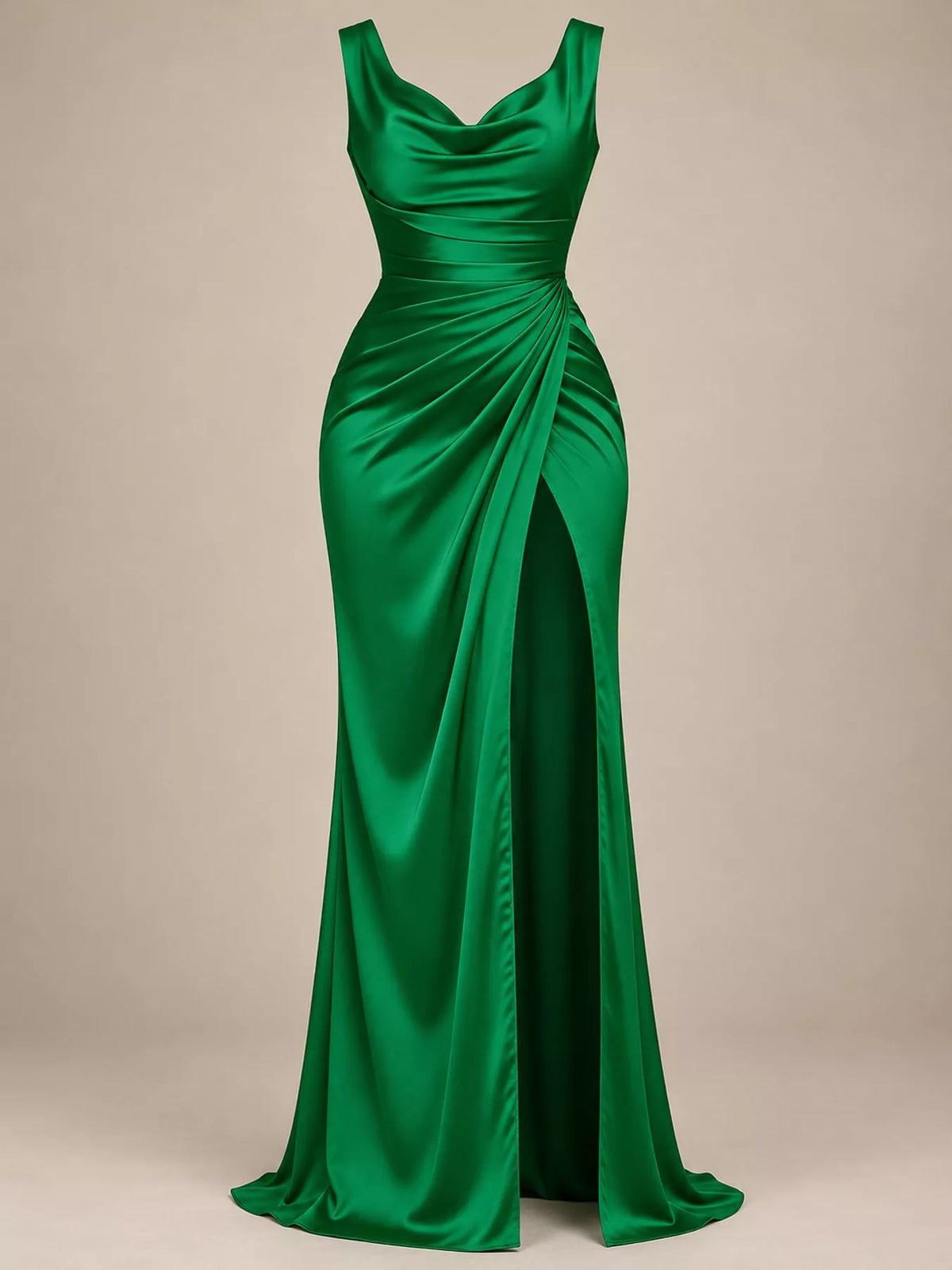 Satin Cowl Neck High-Slit Evening Maxi Dress