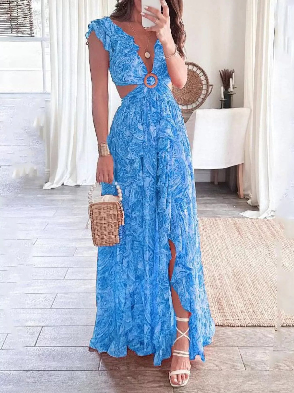 Ruffled Cutout V-Neck Maxi Dress