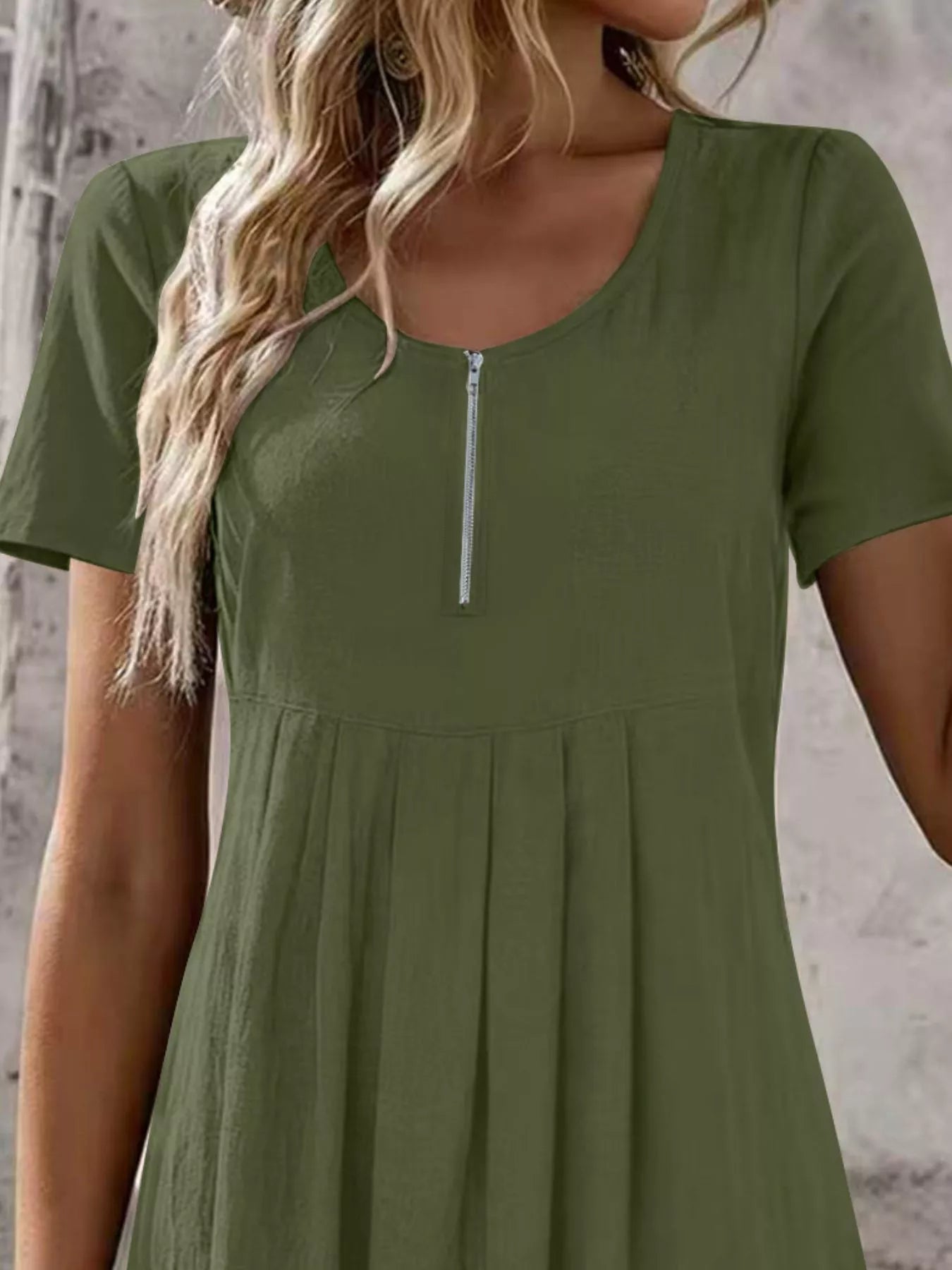Zipper-Front Pleated A-Line Dress