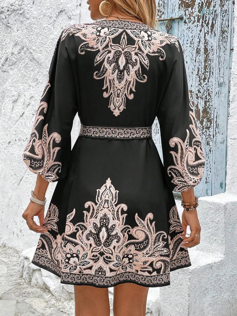 Paisley V-Neck 3/4 Sleeve Mini Dress