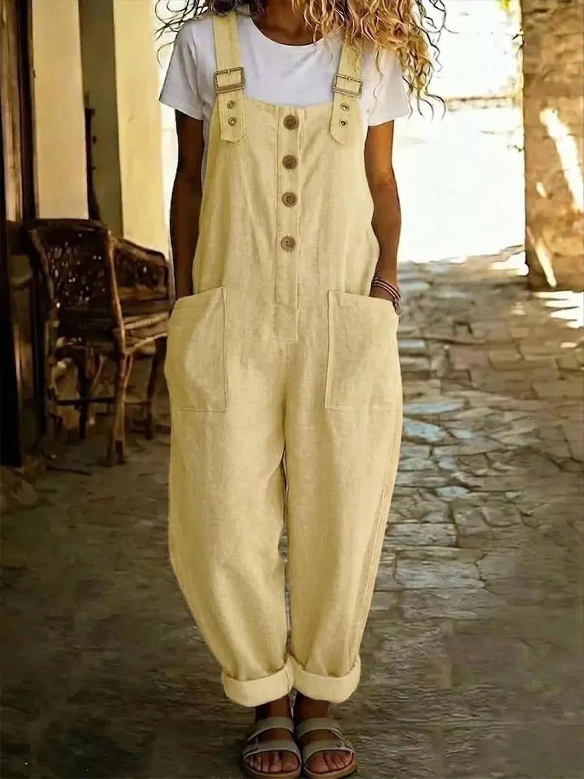 Button Front Wide Leg Overalls