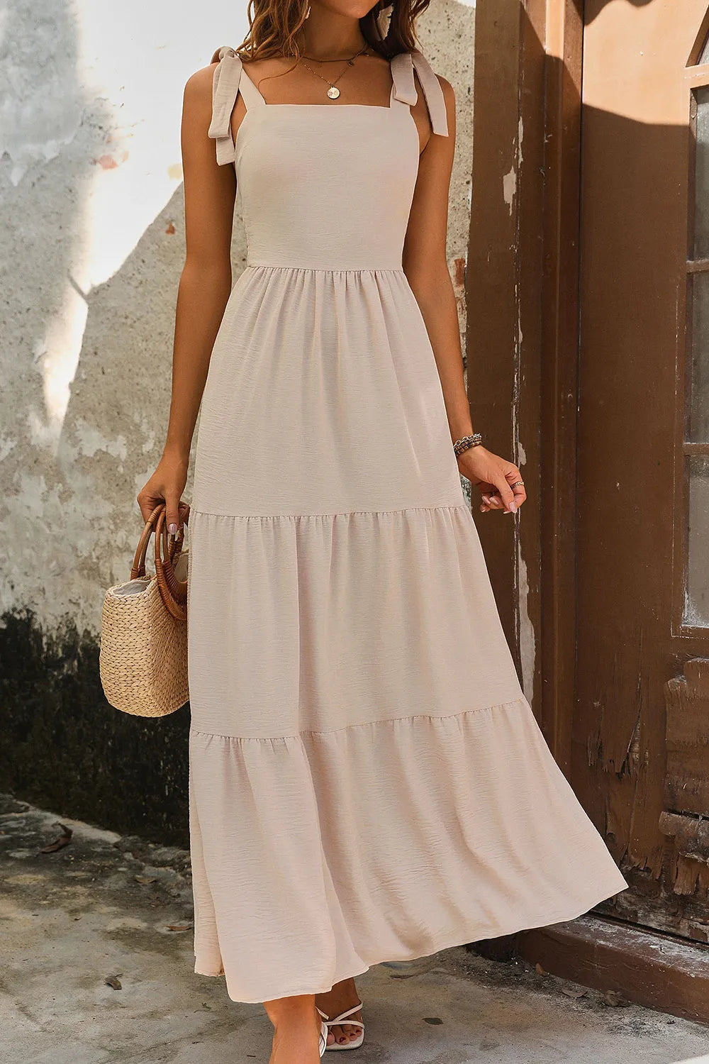Tie-Shoulder Smocked Tiered Dress in Tan