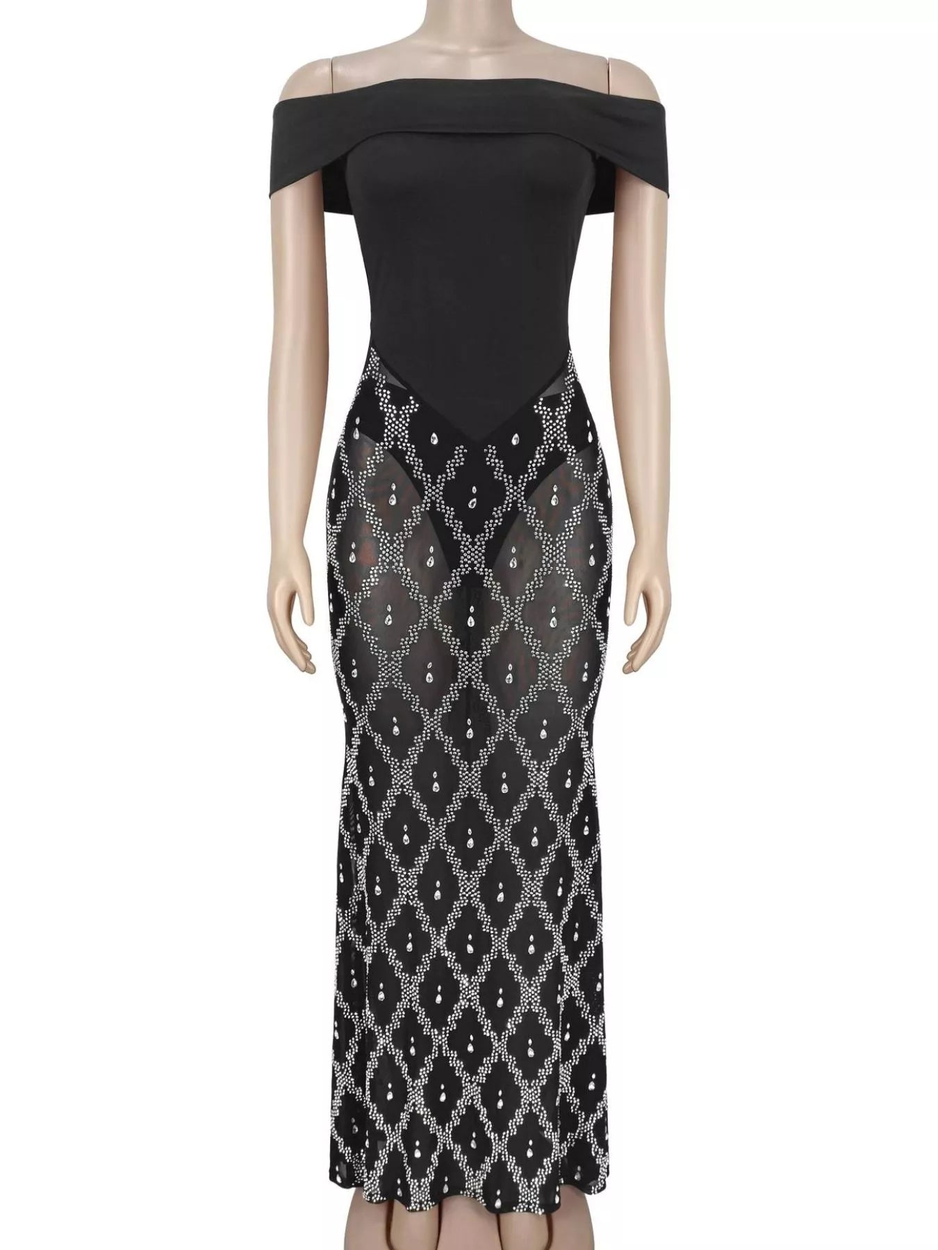 Off-Shoulder Rhinestone Sheer Maxi Dress in Black