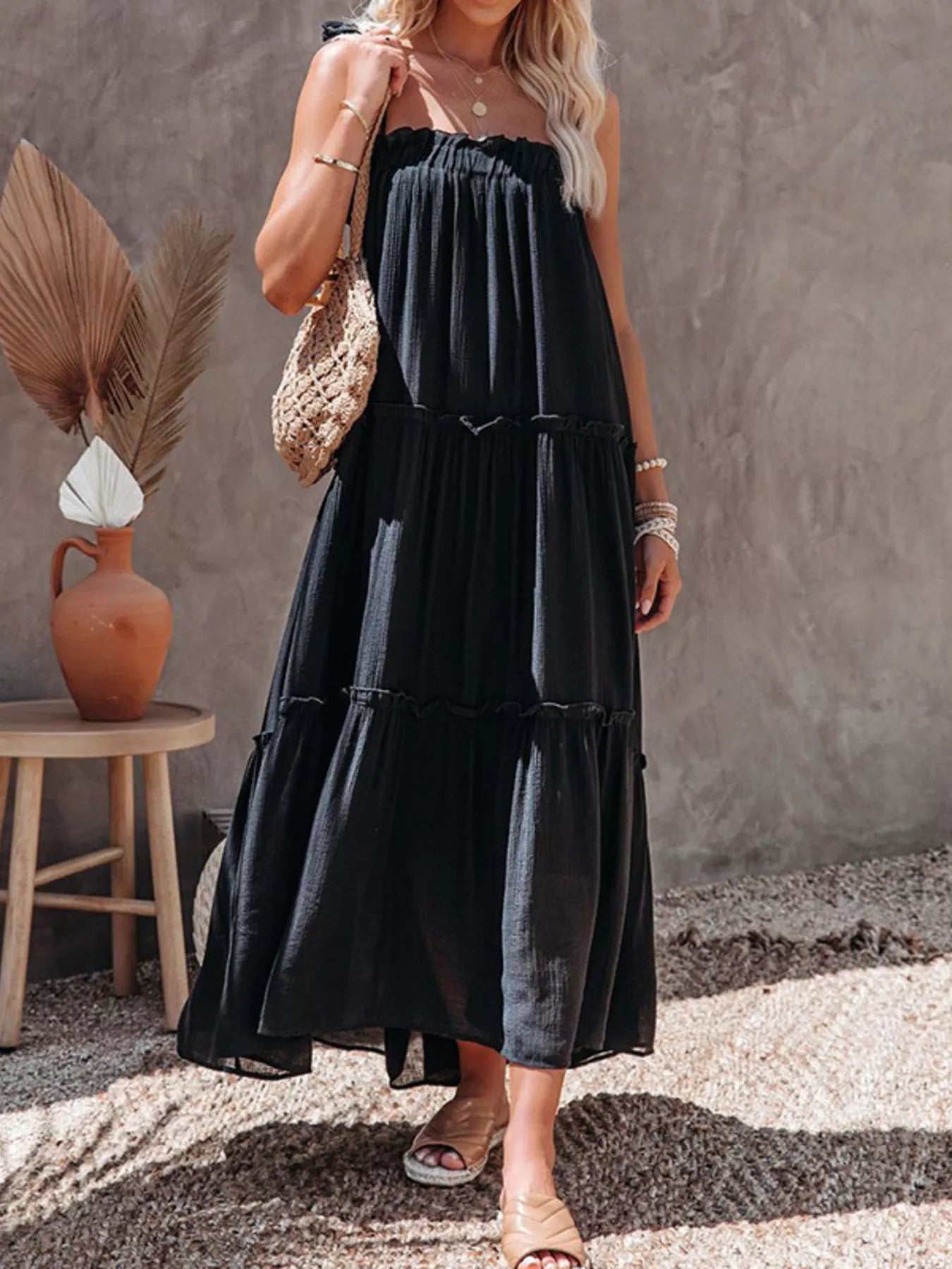 Tiered Ruffle Maxi Dress in Black