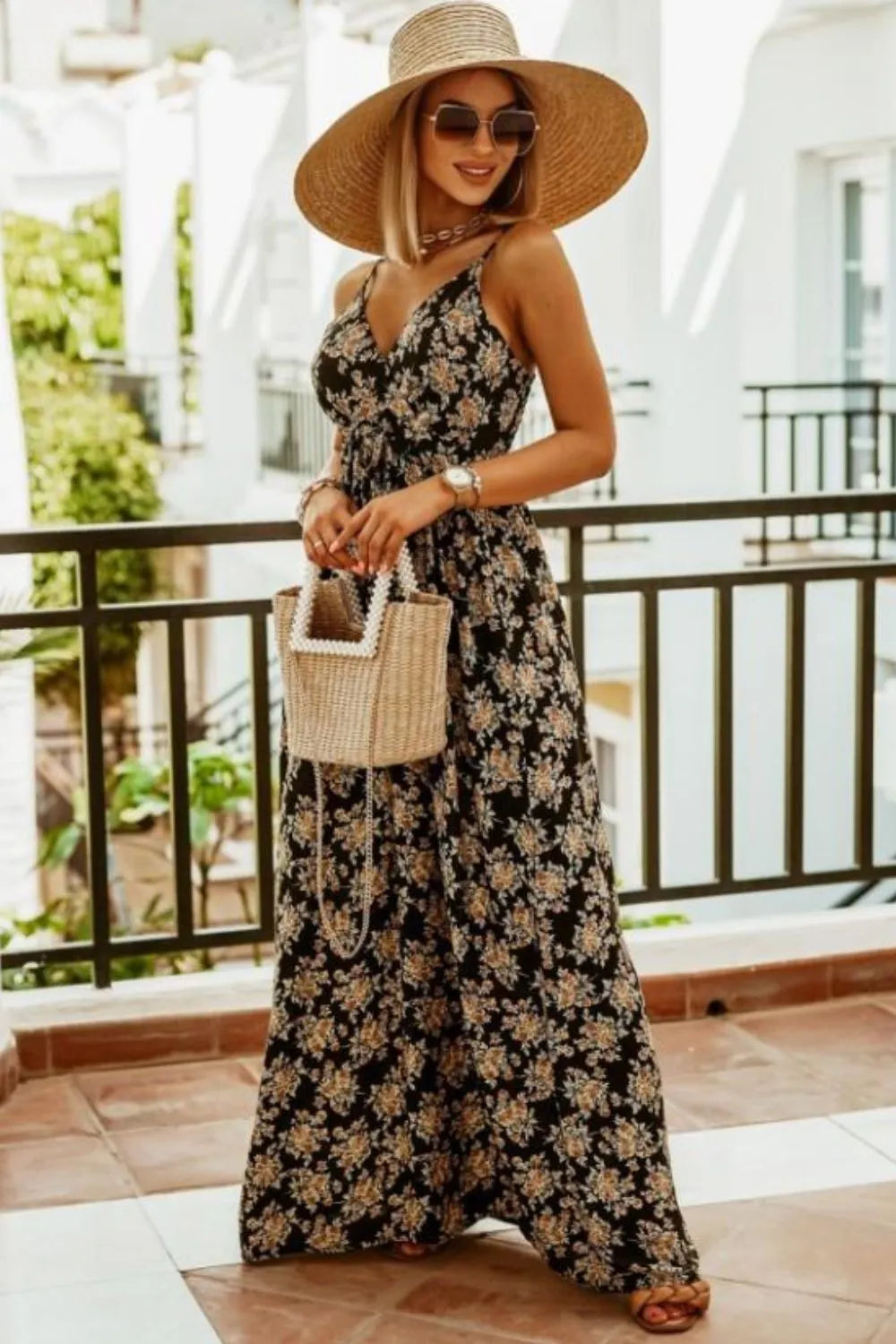 Smocked Spaghetti-Strap Printed Maxi Dress