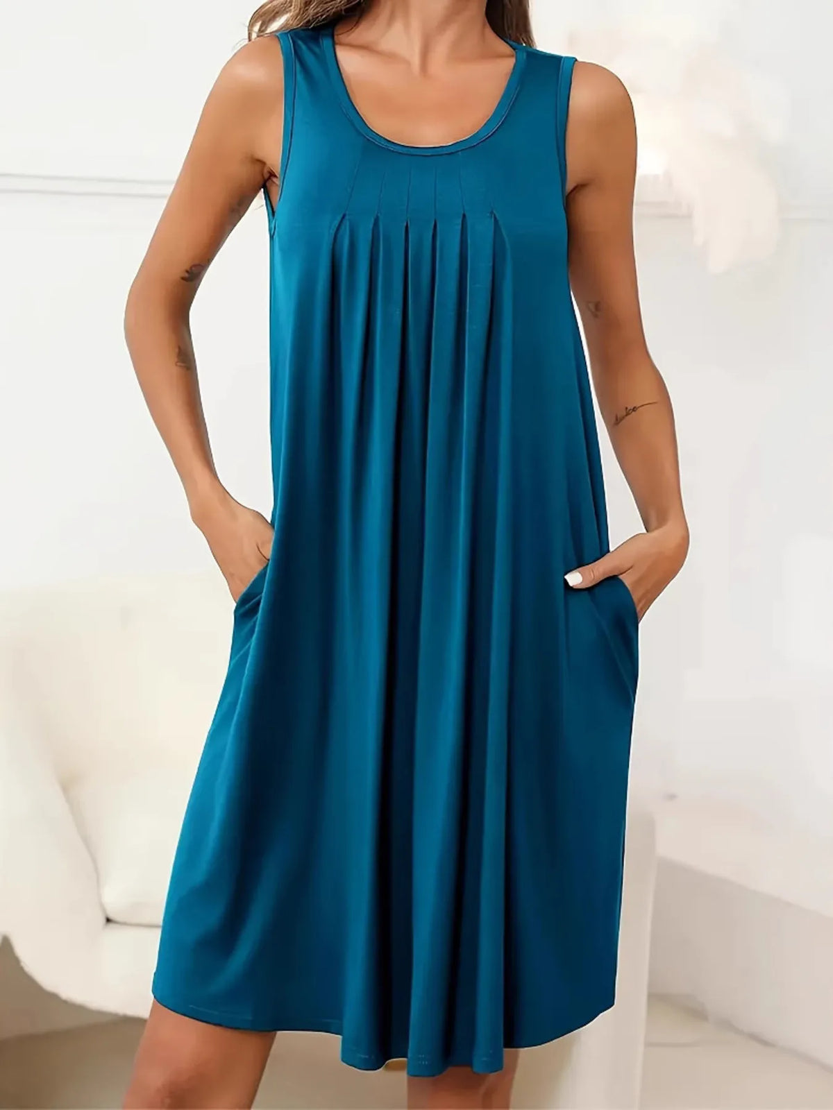 Pleated Tank Dress with Pockets in Army Green