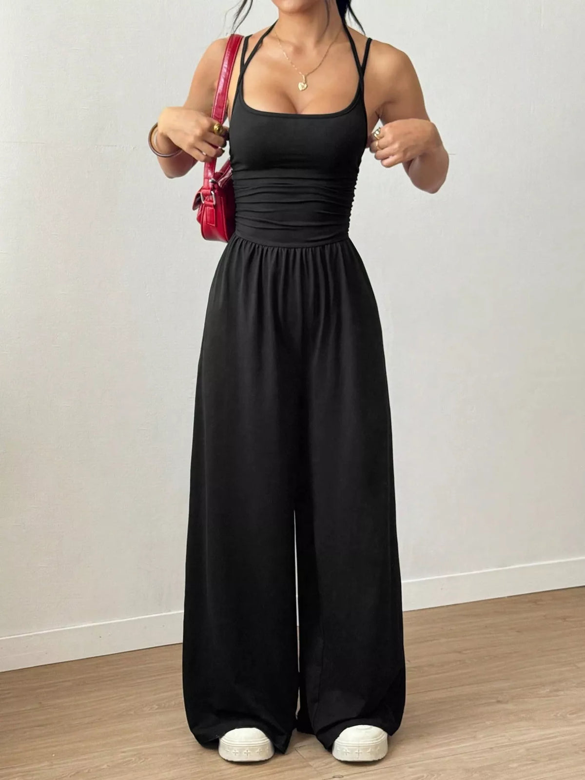 Ruched Spaghetti Strap Wide Leg Jumpsuit