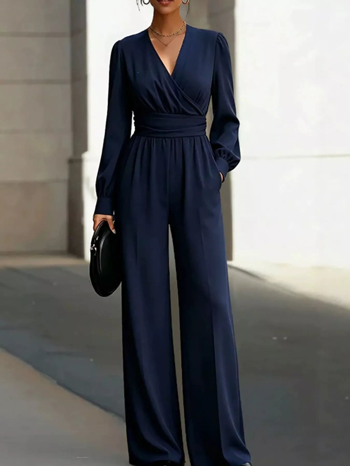 Surplice Long Sleeve Wide-Leg Jumpsuit