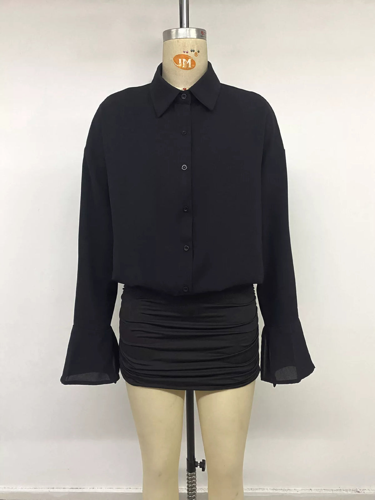 Button-Front Flounce-Sleeve Shirt Dress in Black