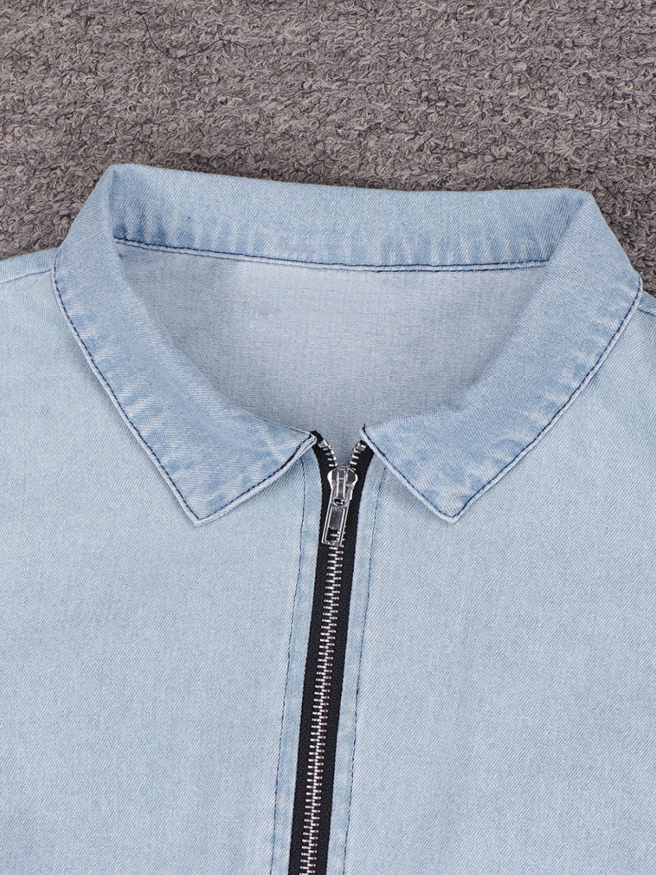 Zip-Front Short Sleeve Denim Dress by Yolan House